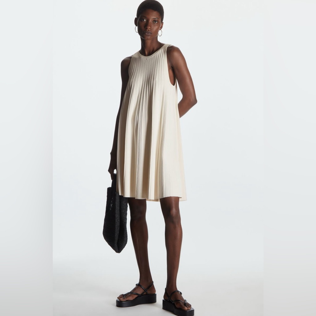 Cos Pleated A Line Mini Dress In Cream
